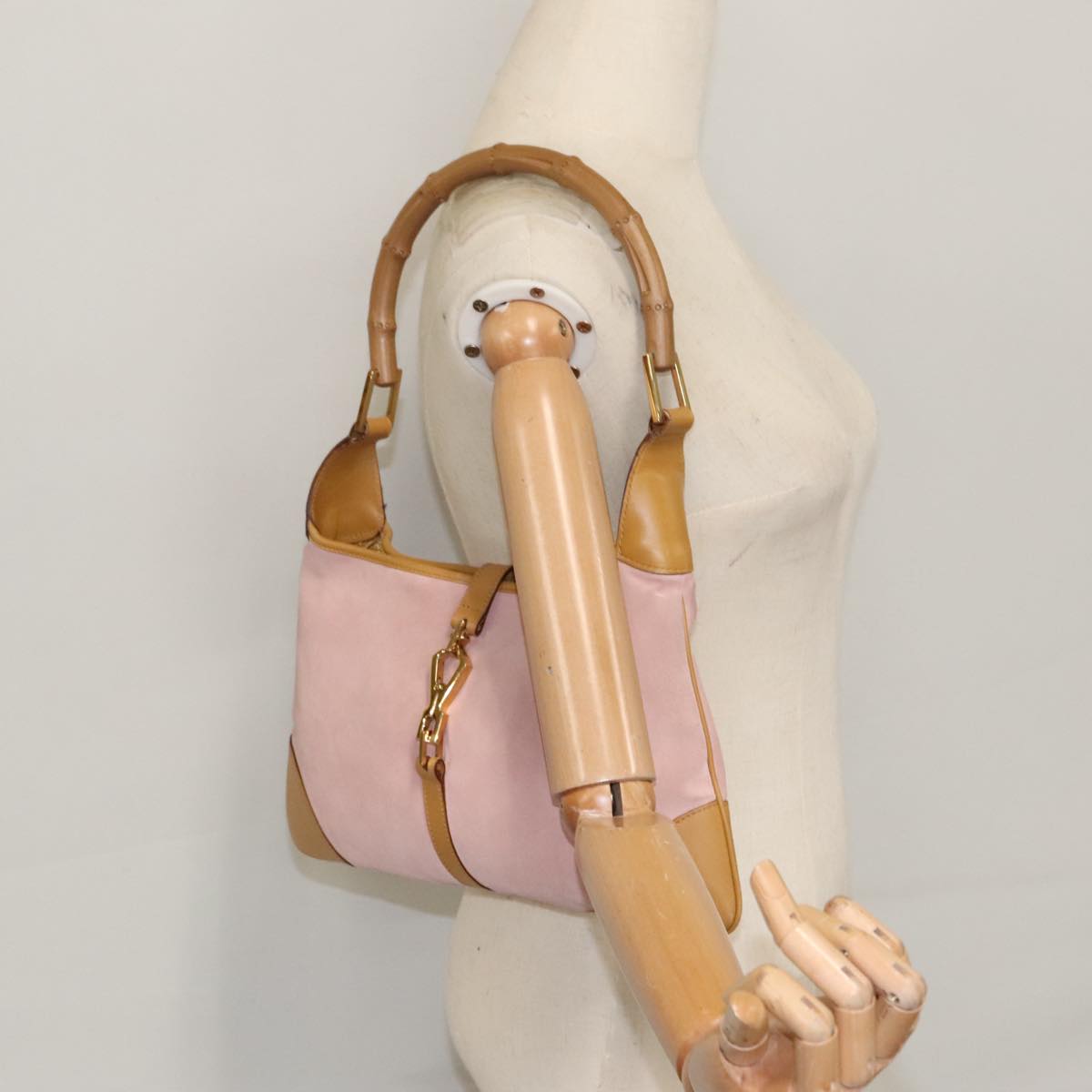GUCCI Bamboo Hand Bag Suede Leather Gold Pink 001 4060 am7234