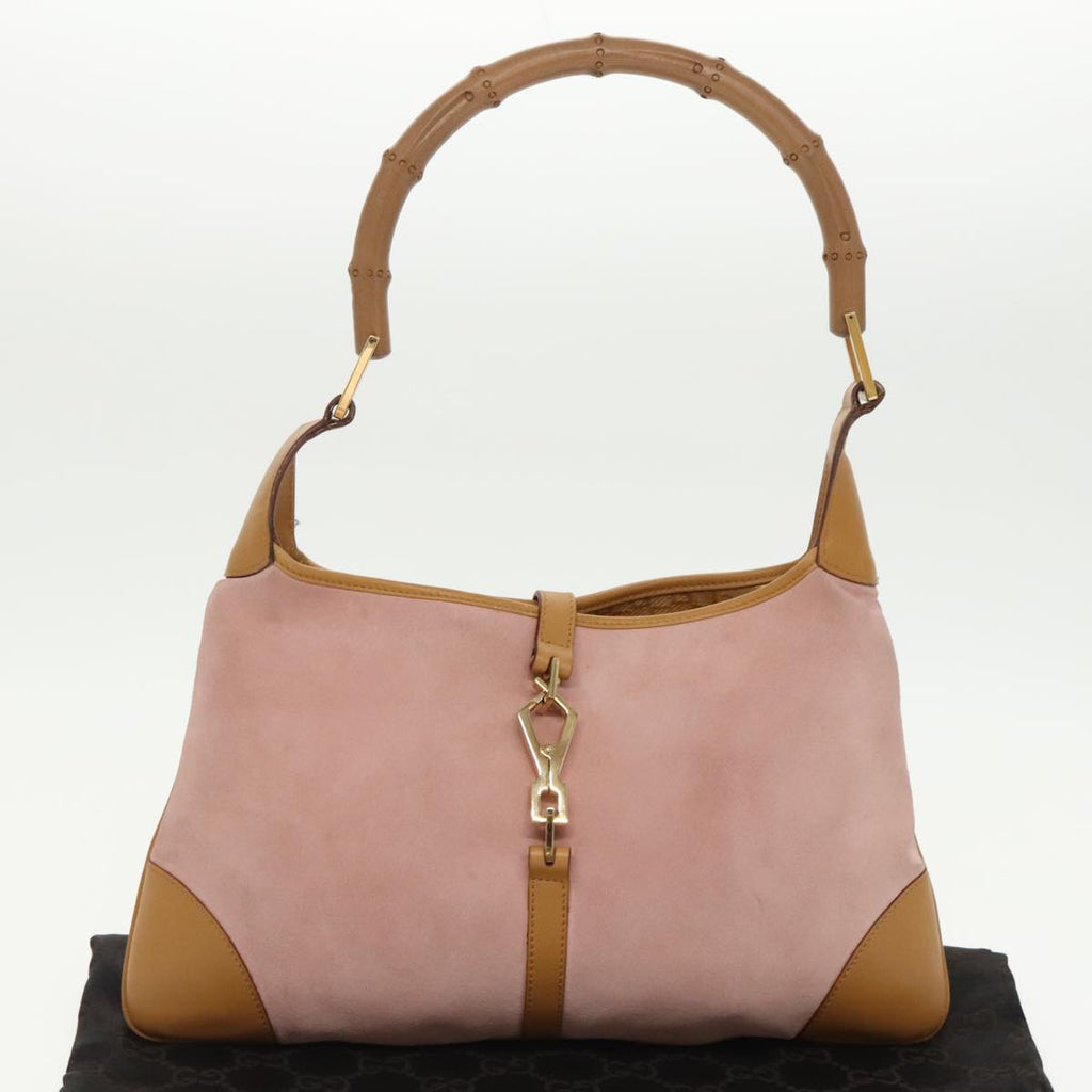 GUCCI Bamboo Hand Bag Suede Leather Gold Pink 001 4060 am7234