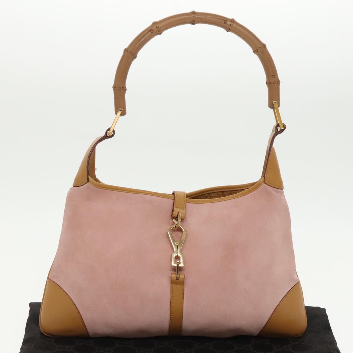 GUCCI Bamboo Hand Bag Suede Leather Gold Pink 001 4060 am7234