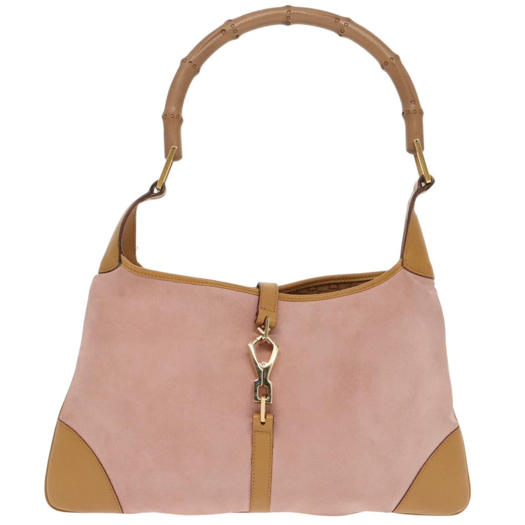GUCCI Bamboo Hand Bag Suede Leather Gold Pink 001 4060 am7234