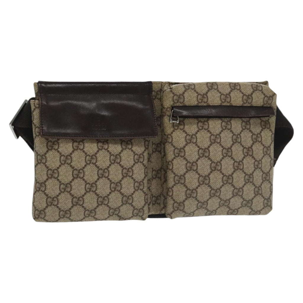 GUCCI GG Supreme Waist Bag PVC Leather Beige Dark Brown Silver 28566 am7267