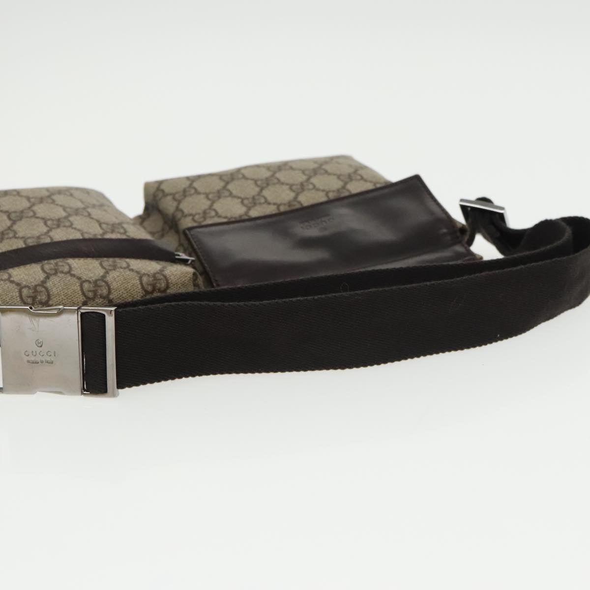 GUCCI GG Supreme Waist Bag PVC Leather Beige Dark Brown Silver 28566 am7267