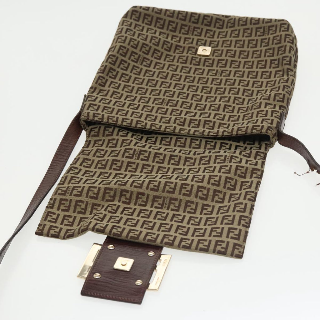 FENDI Zucchino Canvas Shoulder Bag Brown Gold am7306