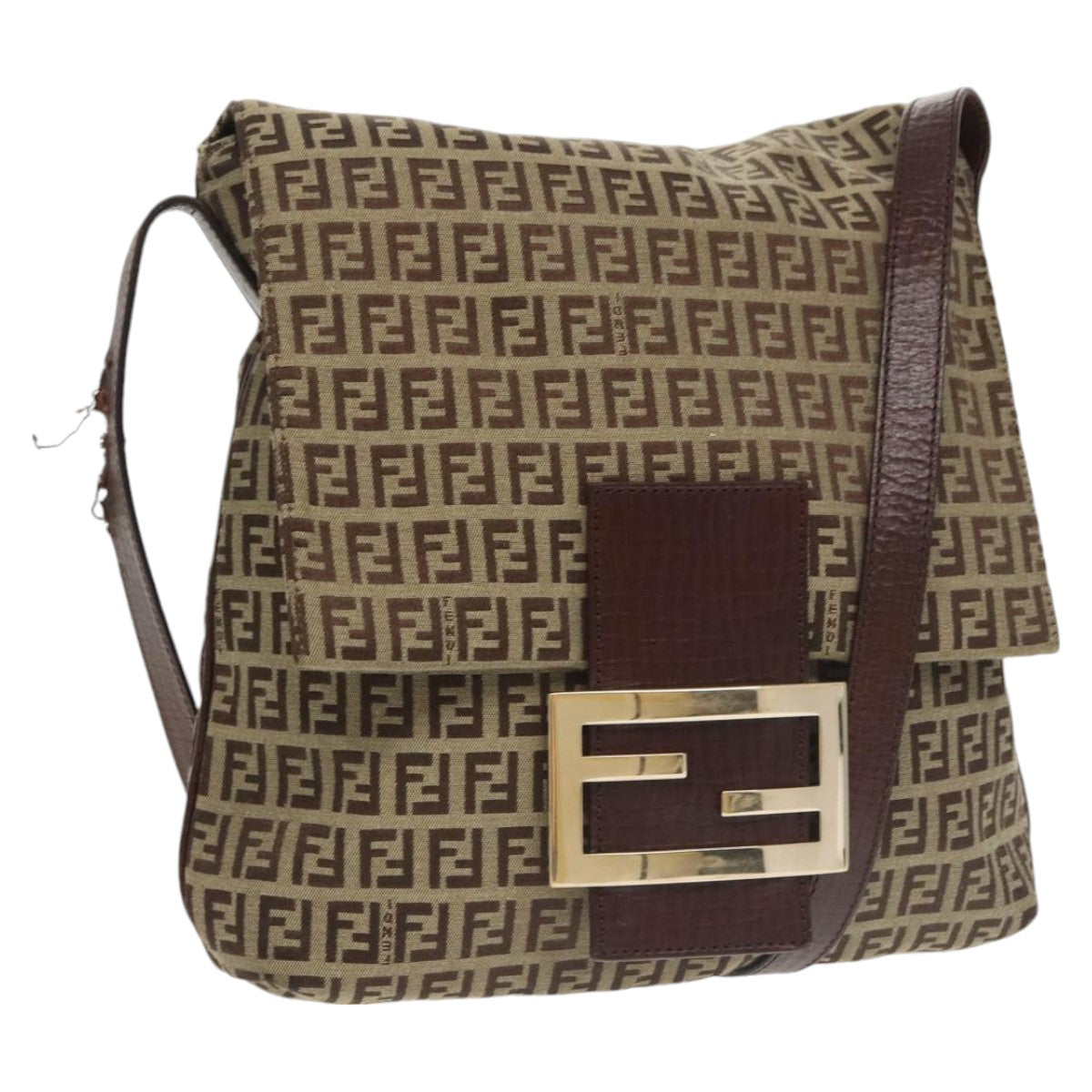 FENDI Zucchino Canvas Shoulder Bag Brown Gold am7306