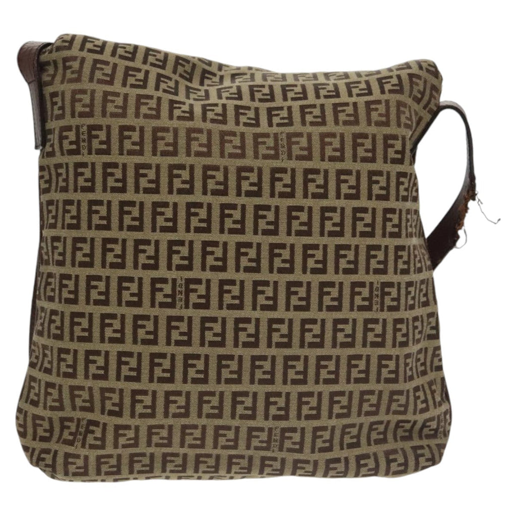 FENDI Zucchino Canvas Shoulder Bag Brown Gold am7306