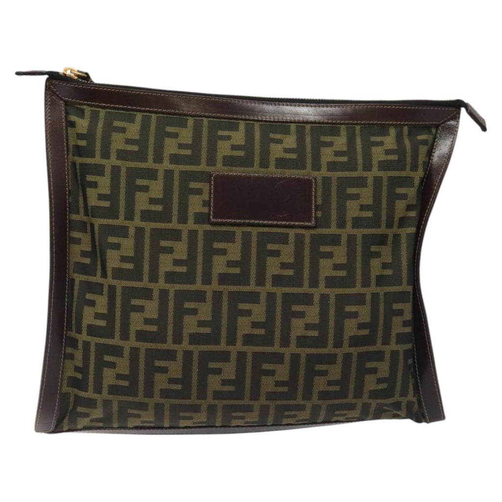 FENDI Zucca Canvas Clutch Bag Brown Black gold am7688