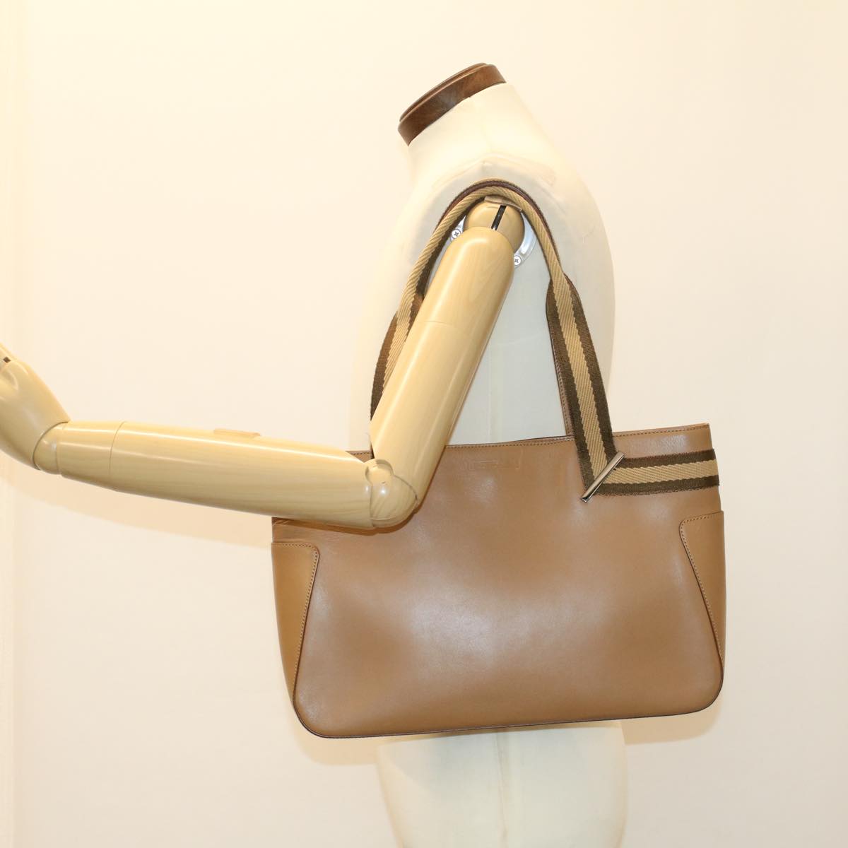 GUCCI Sherry Line Tote Bag Leather Beige Brown 73983 ar10000