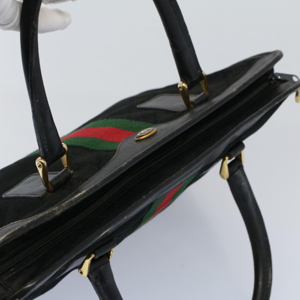 GUCCI GG Canvas Web Sherry Line Hand Bag Black Red Green 010 378 ar10456