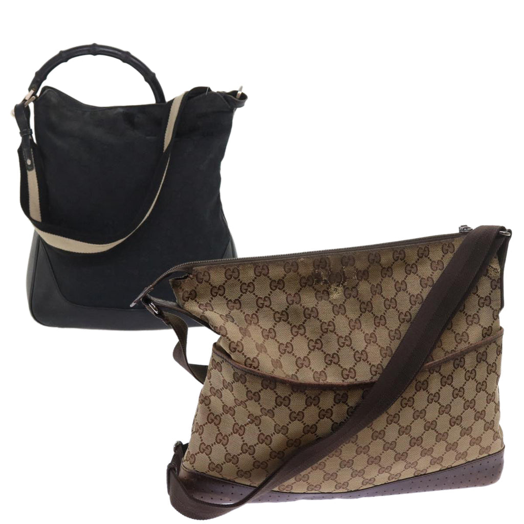 GUCCI GG Canvas Bamboo Shoulder Bag 2Set Beige Black ar10507