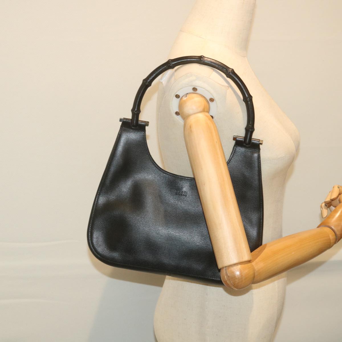 GUCCI Bamboo Shoulder Bag Leather Black ar10691