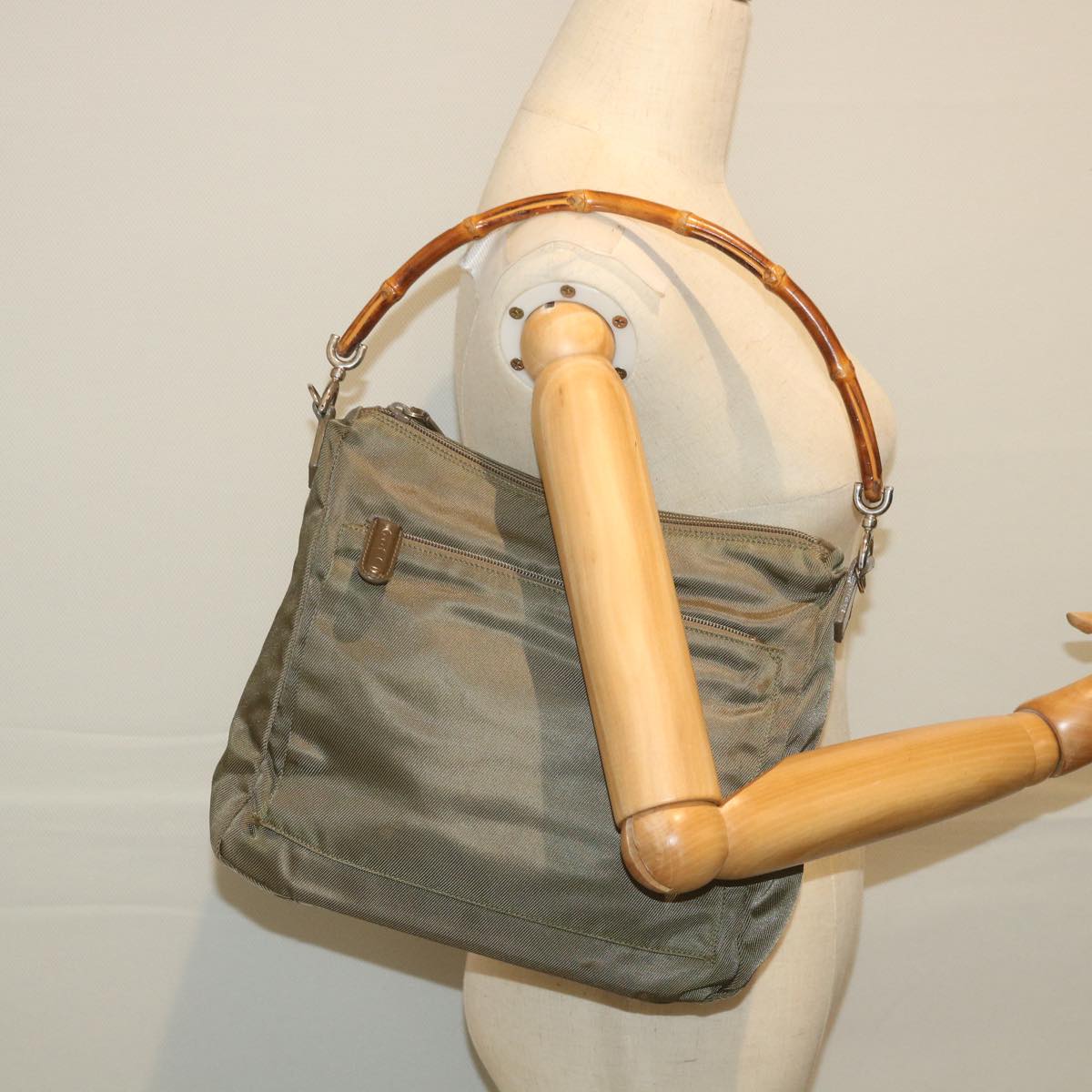GUCCI Bamboo Shoulder Bag Nylon Khaki 000 0509 200159 ar10785
