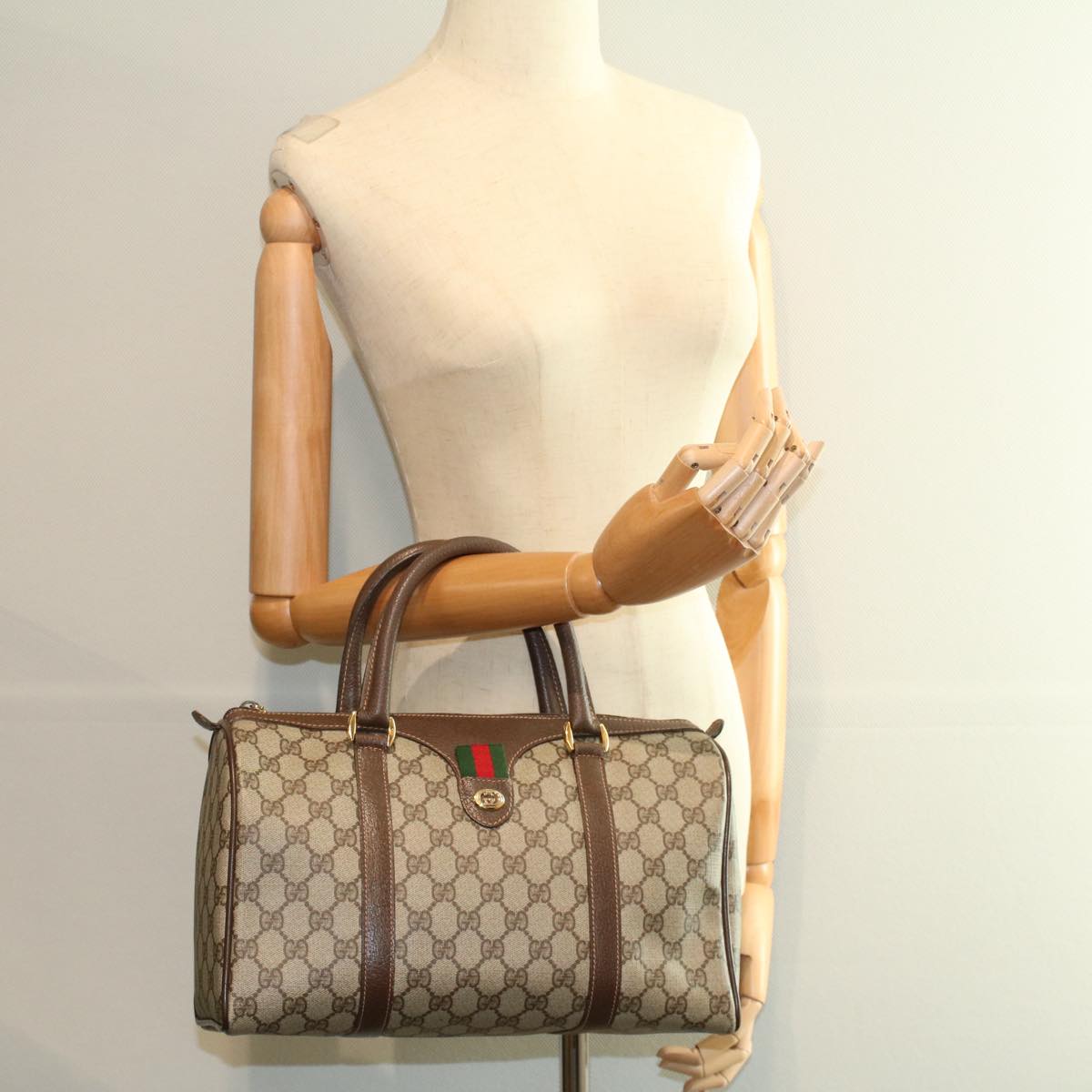 GUCCI GG Supreme Web Sherry Line Boston Bag Beige Red 40 02 007 ar10858