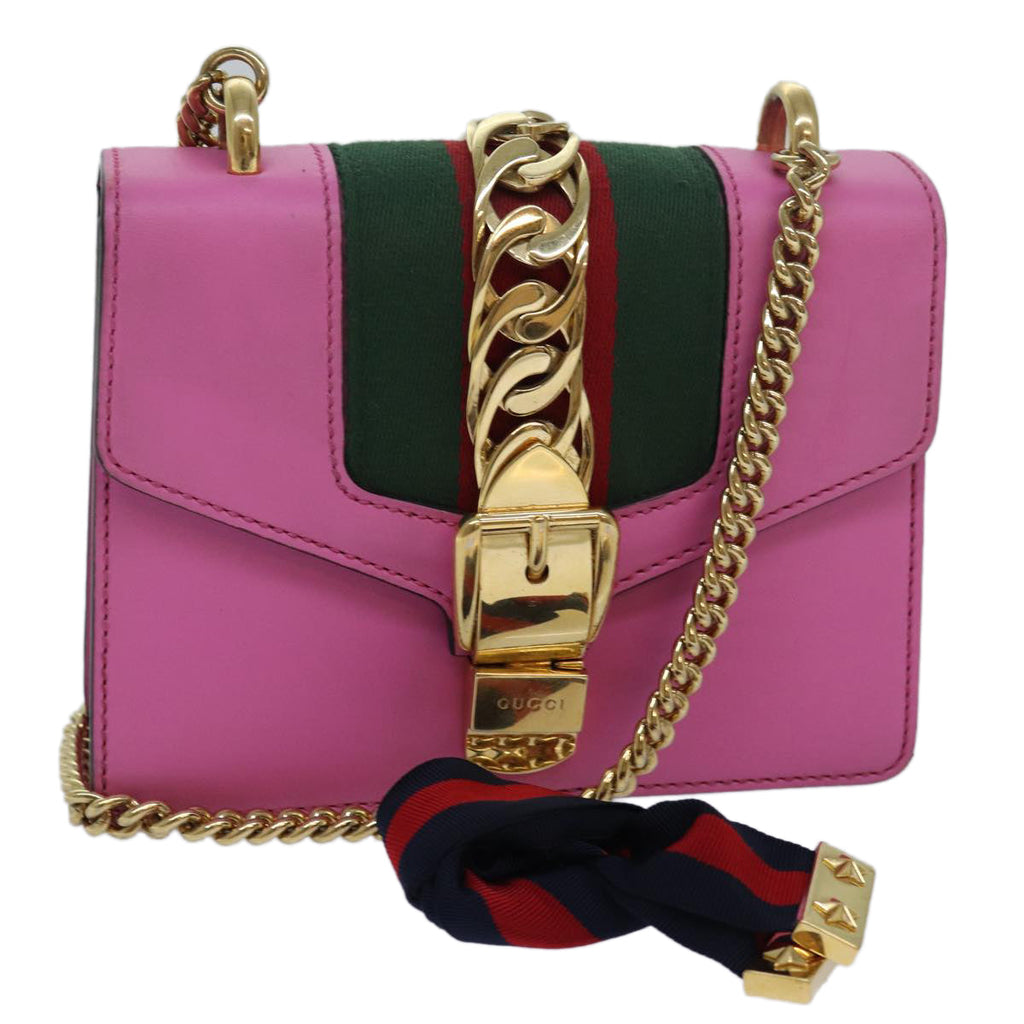 GUCCI Sylvie Web Sherry Line Mini Chain Bag Leather Pink 431666 ar12089