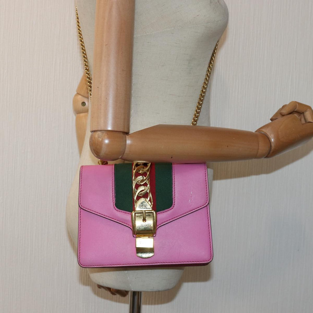 GUCCI Sylvie Web Sherry Line Mini Chain Bag Leather Pink 431666 ar12089