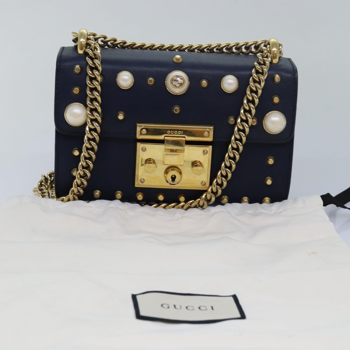 GUCCI Pad Lock Chain Shoulder Bag Leather Navy 432182 ar12096