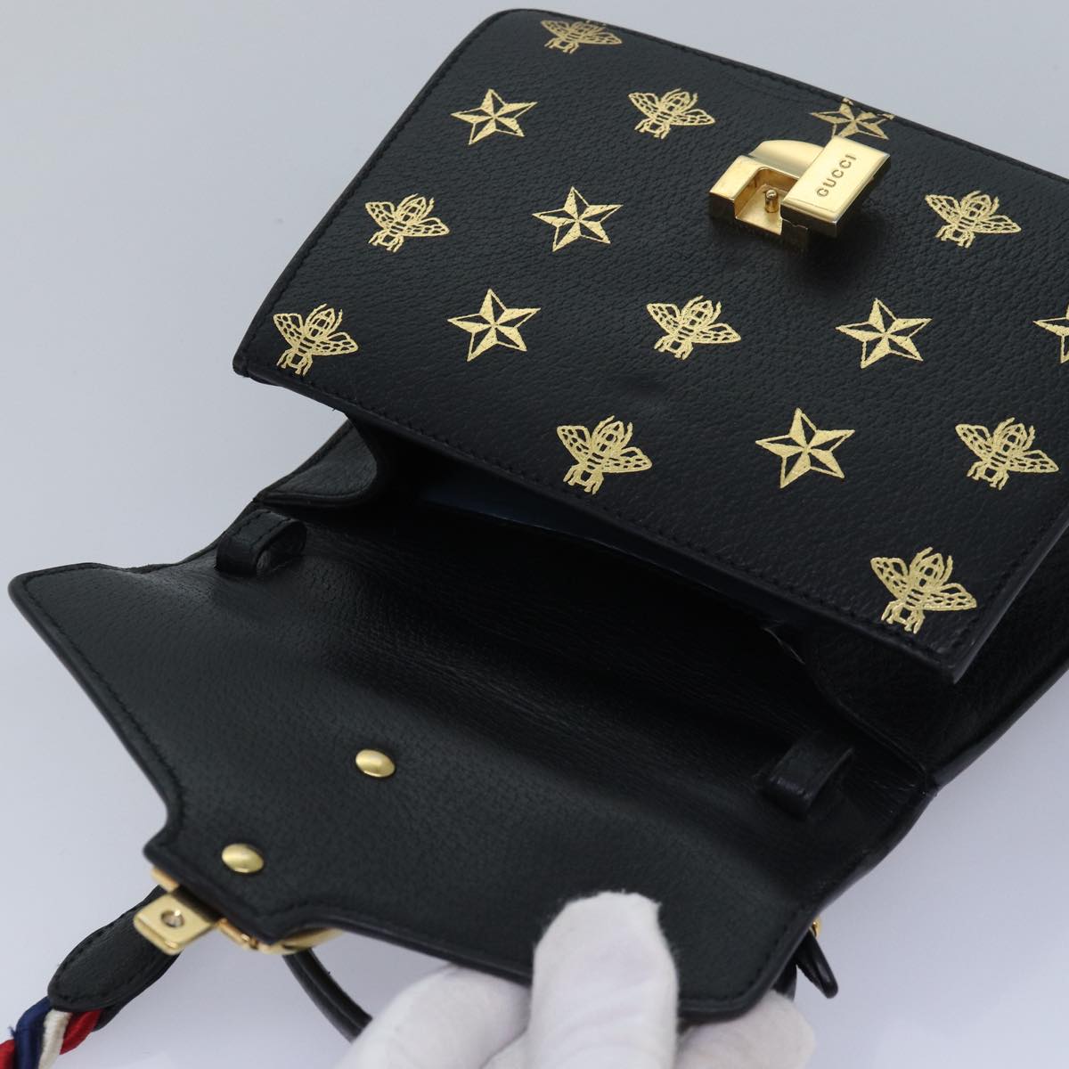 GUCCI Web Sherry Line Silvi Hand Bag Leather Black Red Green 470270 ar12097