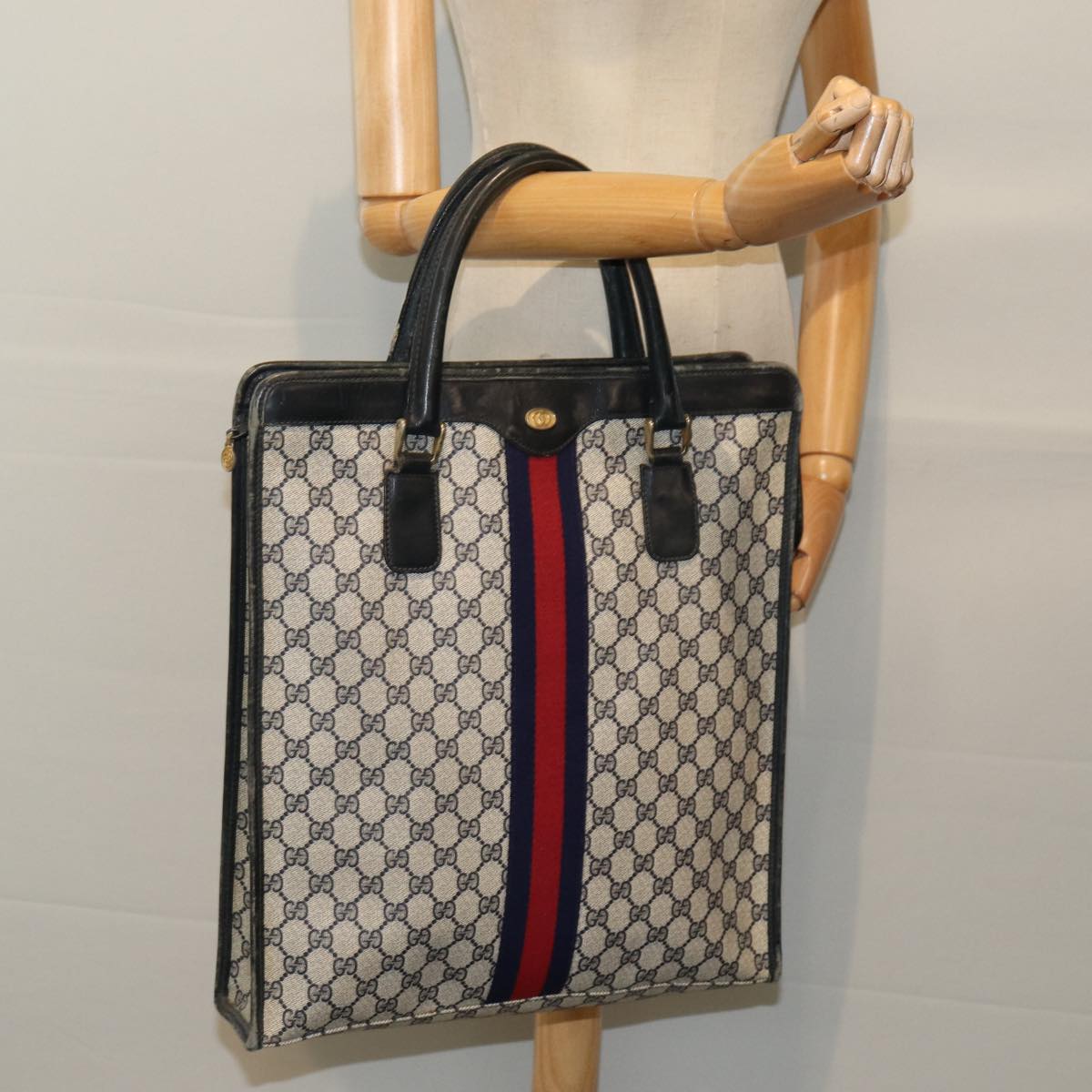 GUCCI GG Supreme Sherry Line Hand Bag PVC Leather Navy Red 010 378 ar12310