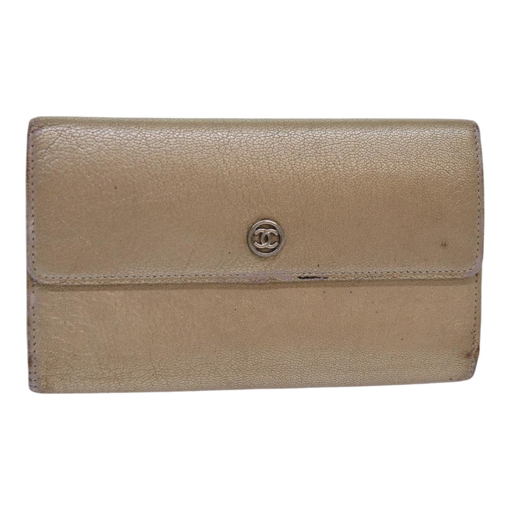 CHANEL COCO Mark Wallet Leather Beige Silver CC ar12390