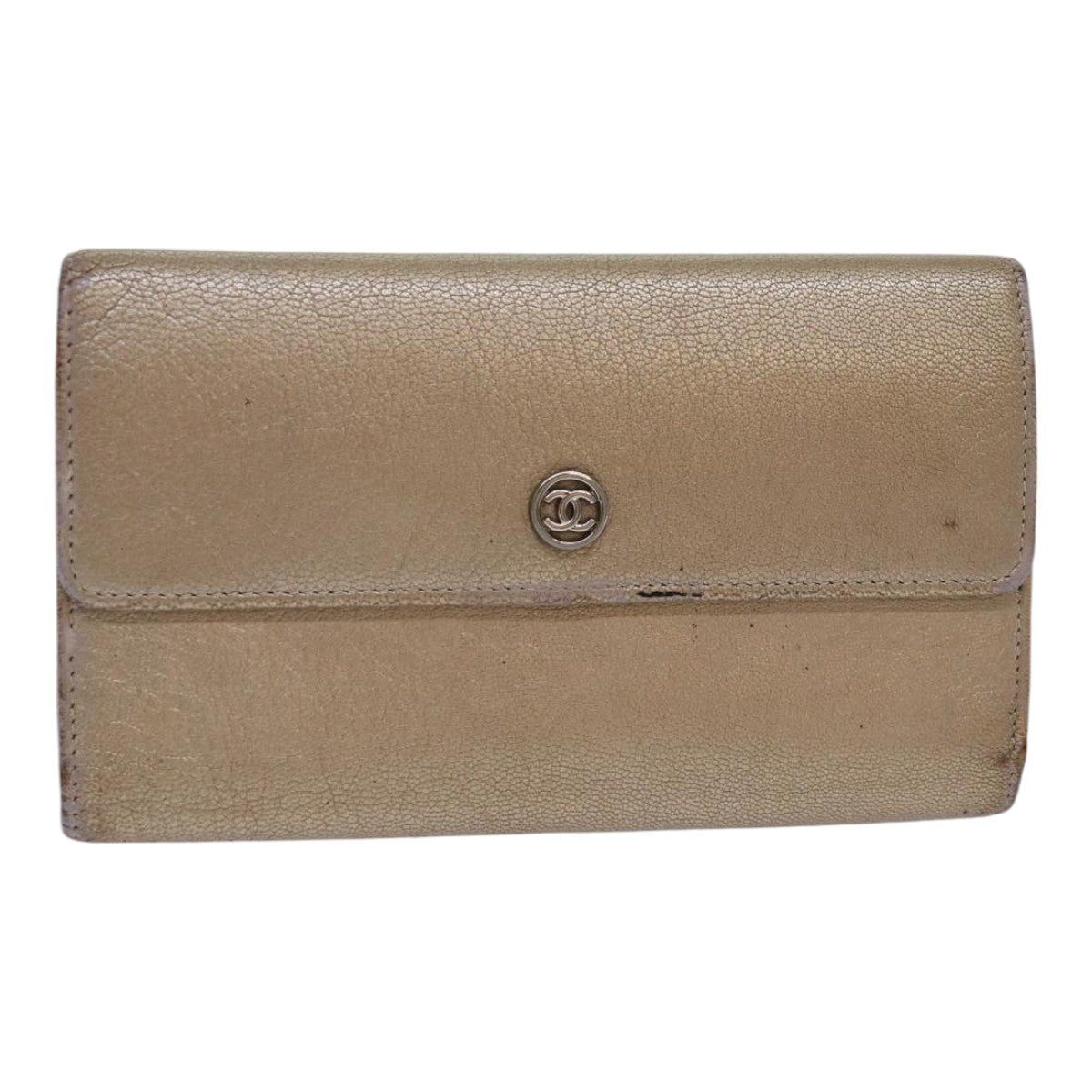 CHANEL COCO Mark Wallet Leather Beige Silver CC ar12390