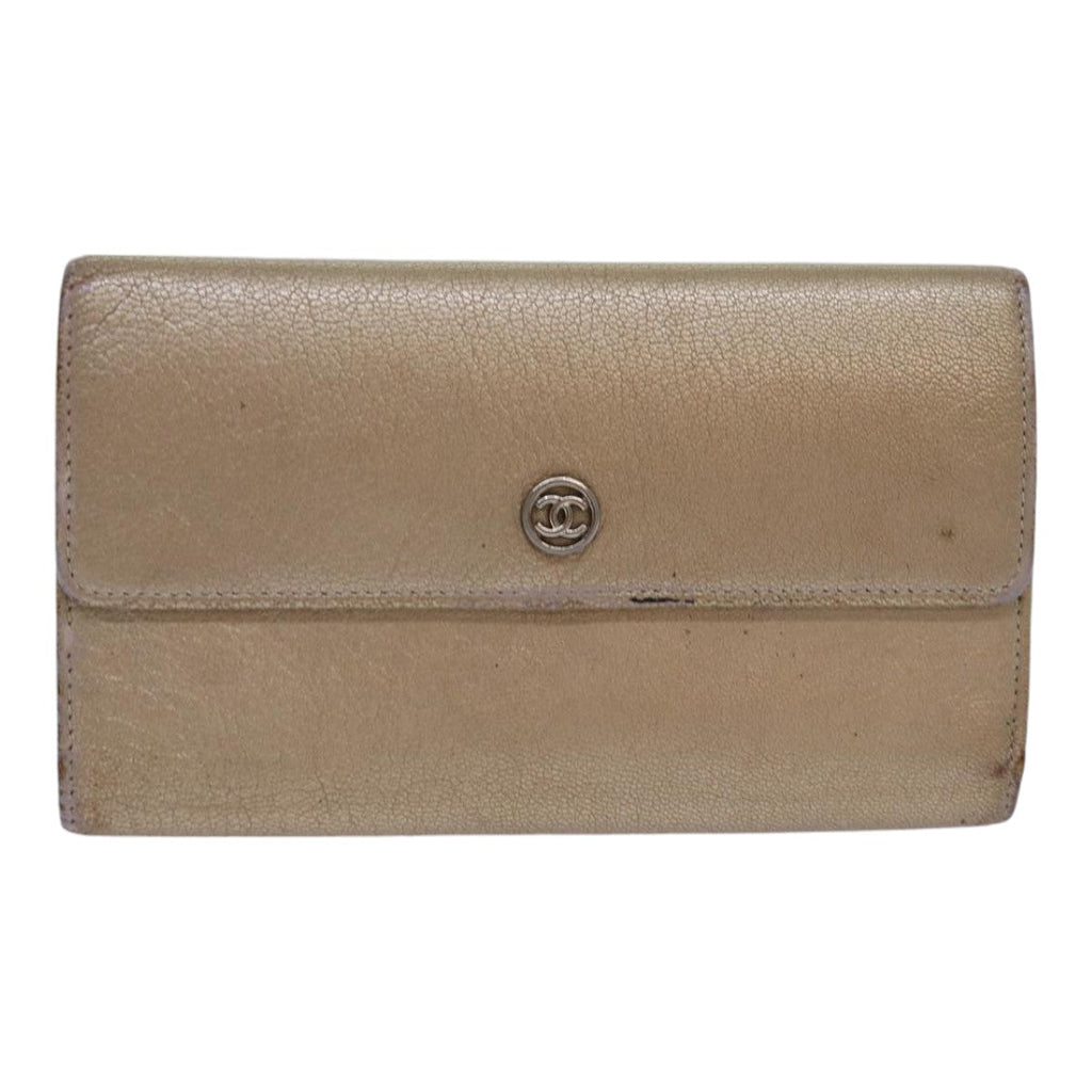CHANEL COCO Mark Wallet Leather Beige Silver CC ar12390