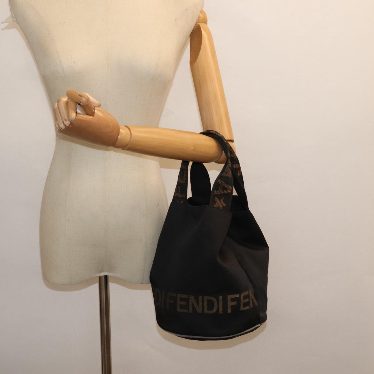FENDI Hand Bag Nylon Black Gold ar12398
