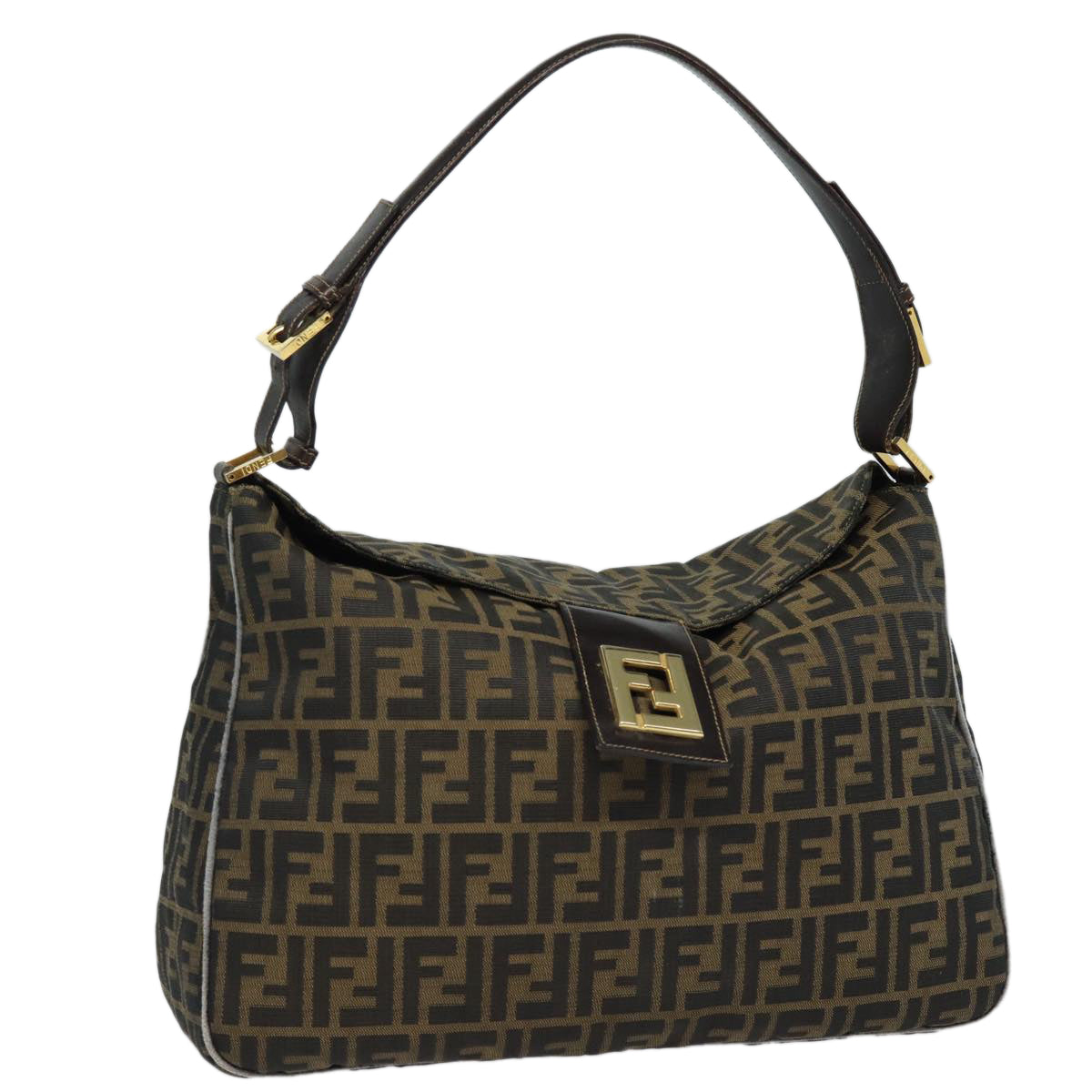 FENDI Zucca Canvas Shoulder Bag Brown Black gold ar12413