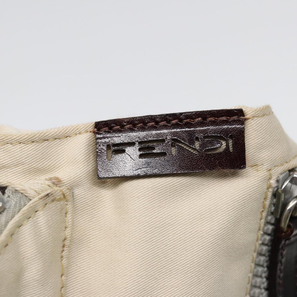 FENDI Shoulder Bag Canvas Leather Beige Brown Silver ar12463