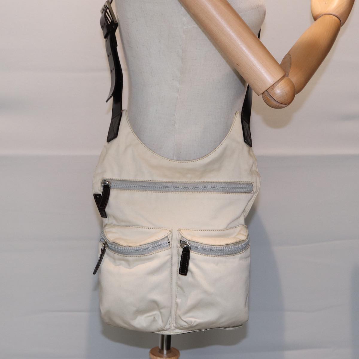 FENDI Shoulder Bag Canvas Leather Beige Brown Silver ar12463