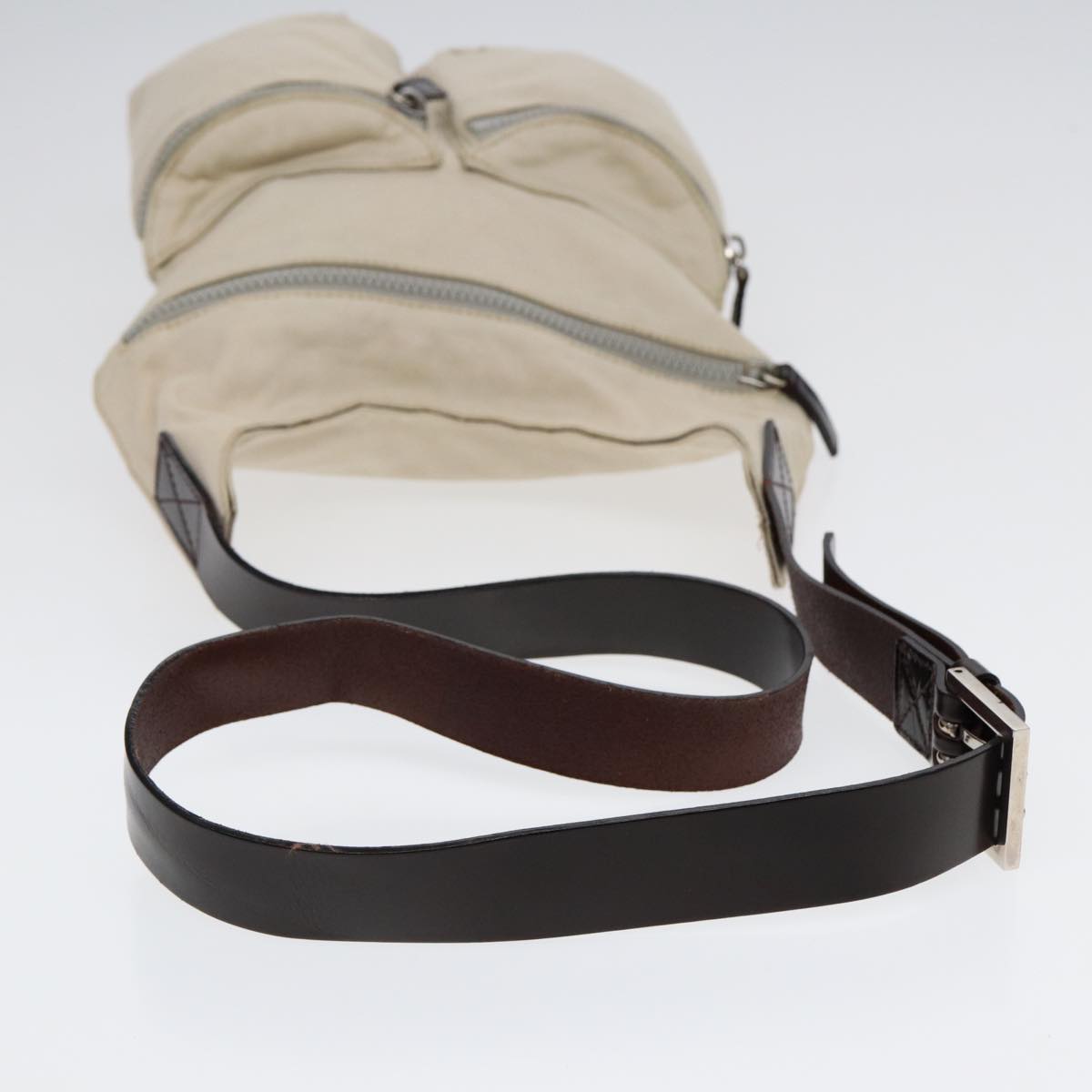 FENDI Shoulder Bag Canvas Leather Beige Brown Silver ar12463