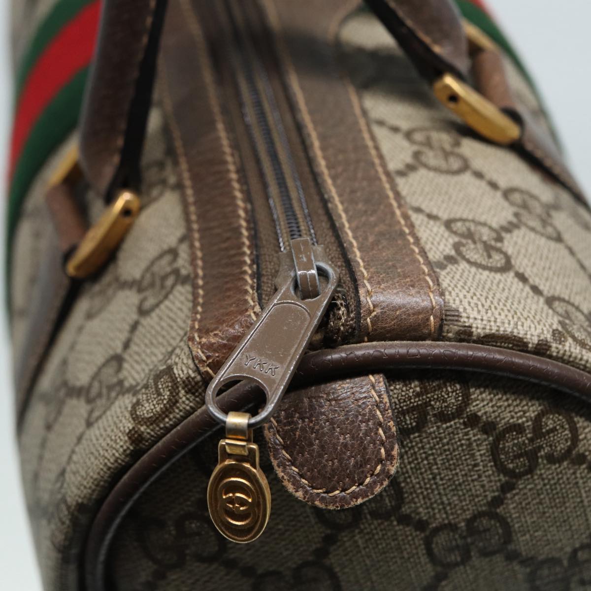 GUCCI GG Supreme Web Sherry Line Boston Bag PVC Beige 69 02 006 ar12526
