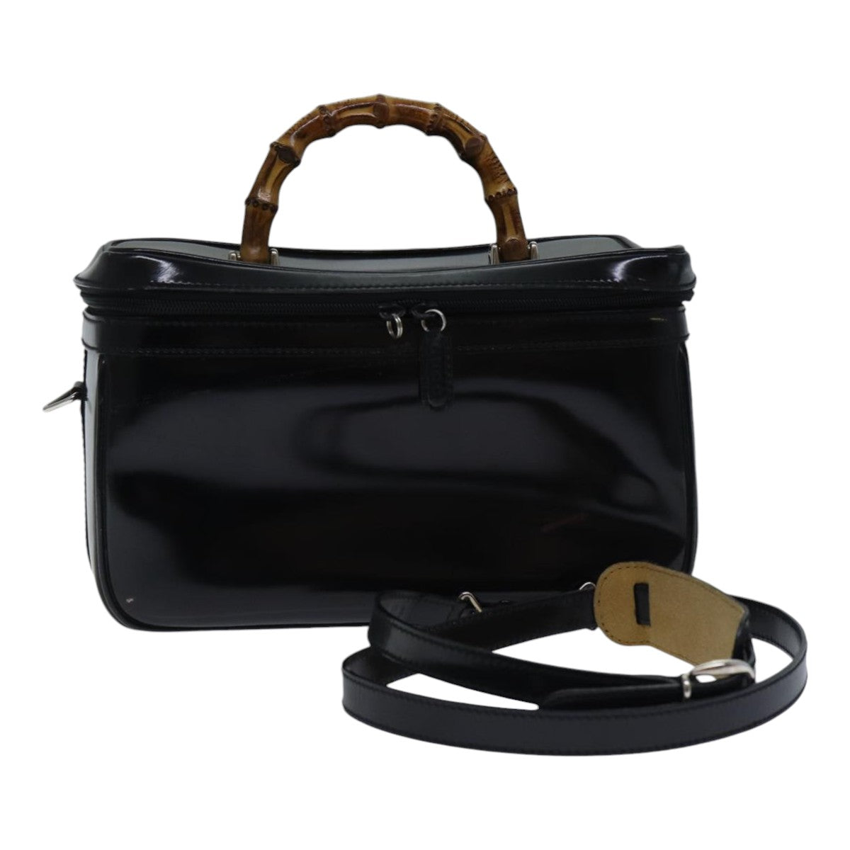 GUCCI Bamboo Vanity Hand Bag Patent 2way Black Silver 013 122 2491 ar12527