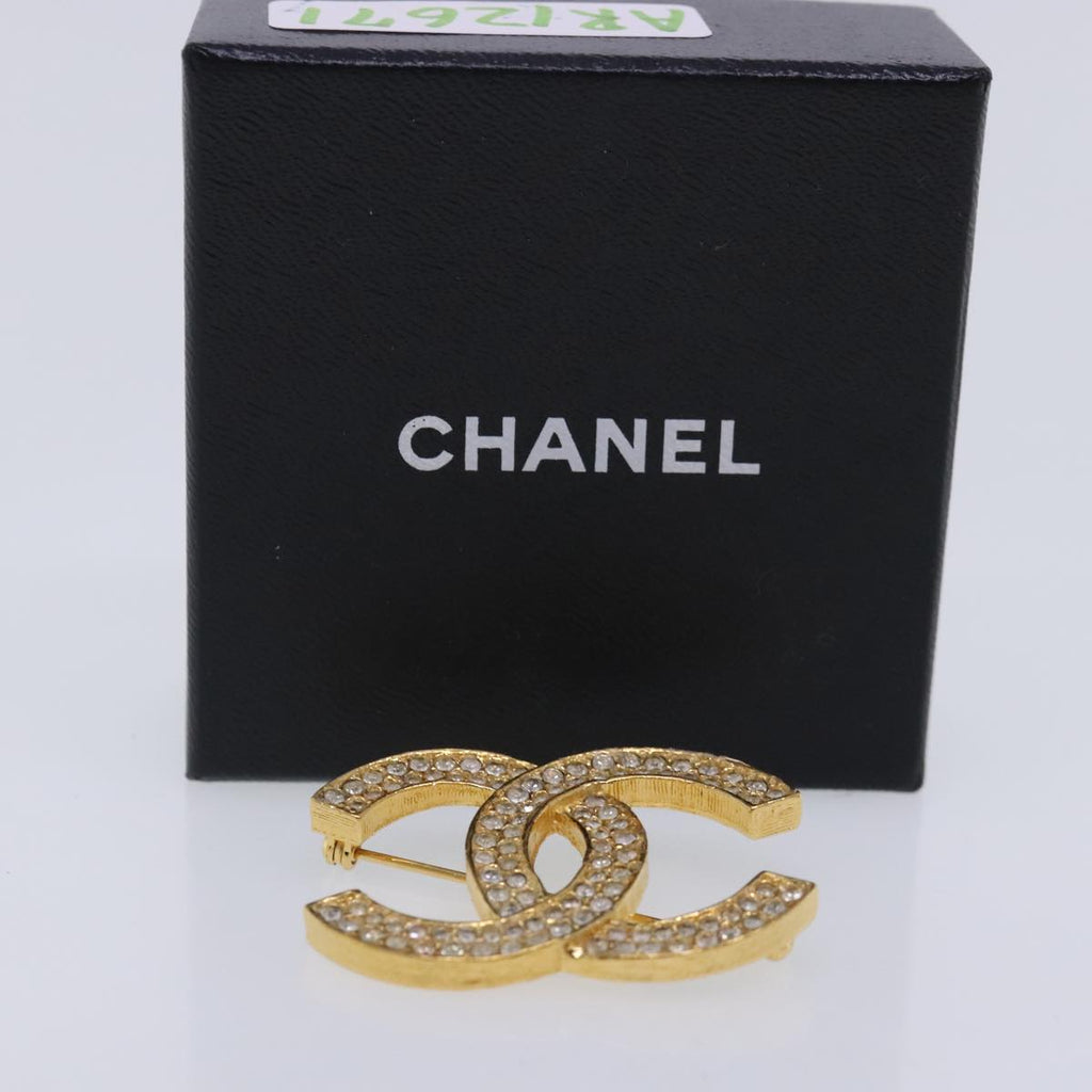 CHANEL COCO Mark Rhinestone Brooch metal Gold Tone CC ar12671