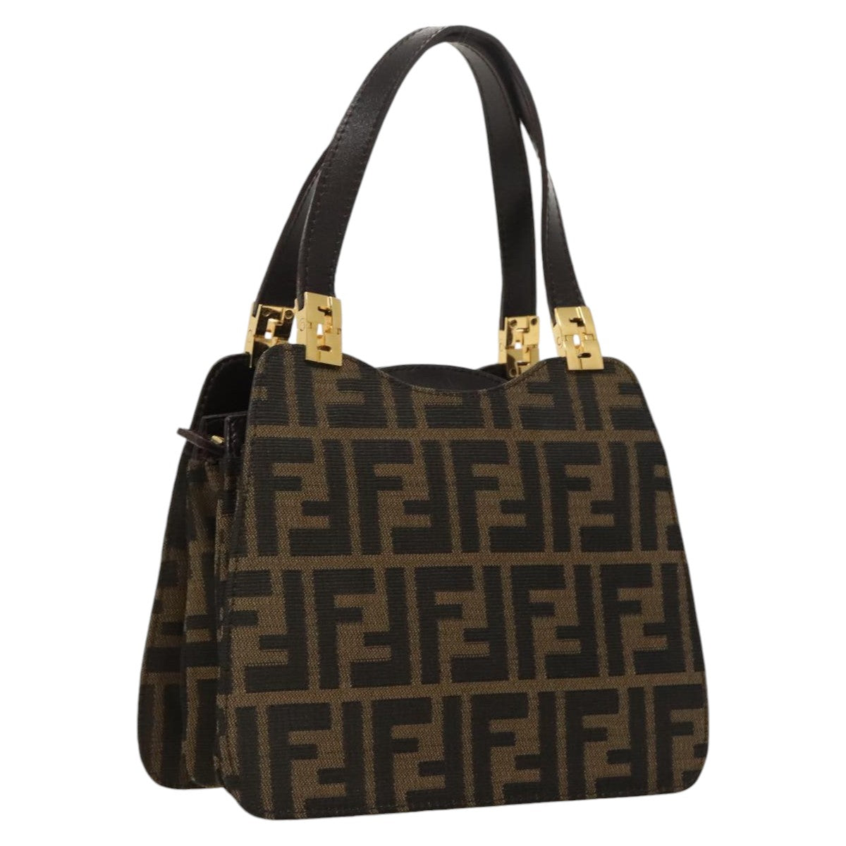 FENDI Zucca Canvas Hand Bag Brown Black gold ar12735