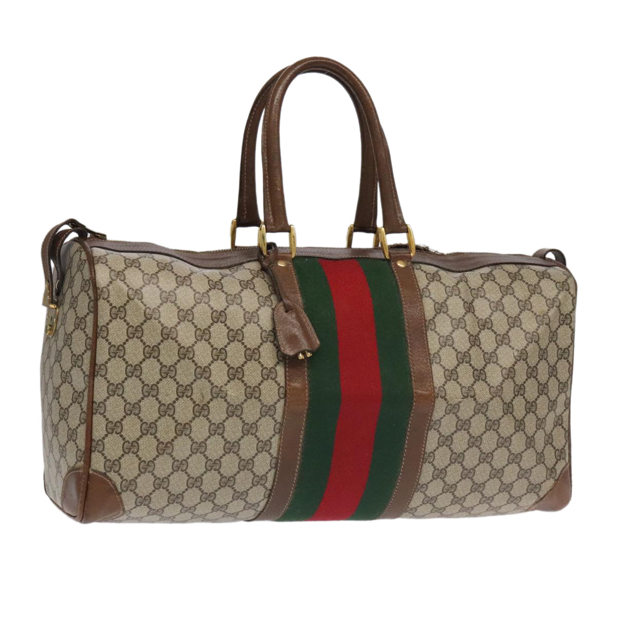 GUCCI GG Supreme Web Sherry Line Boston Bag PVC Beige Green Red ar12835