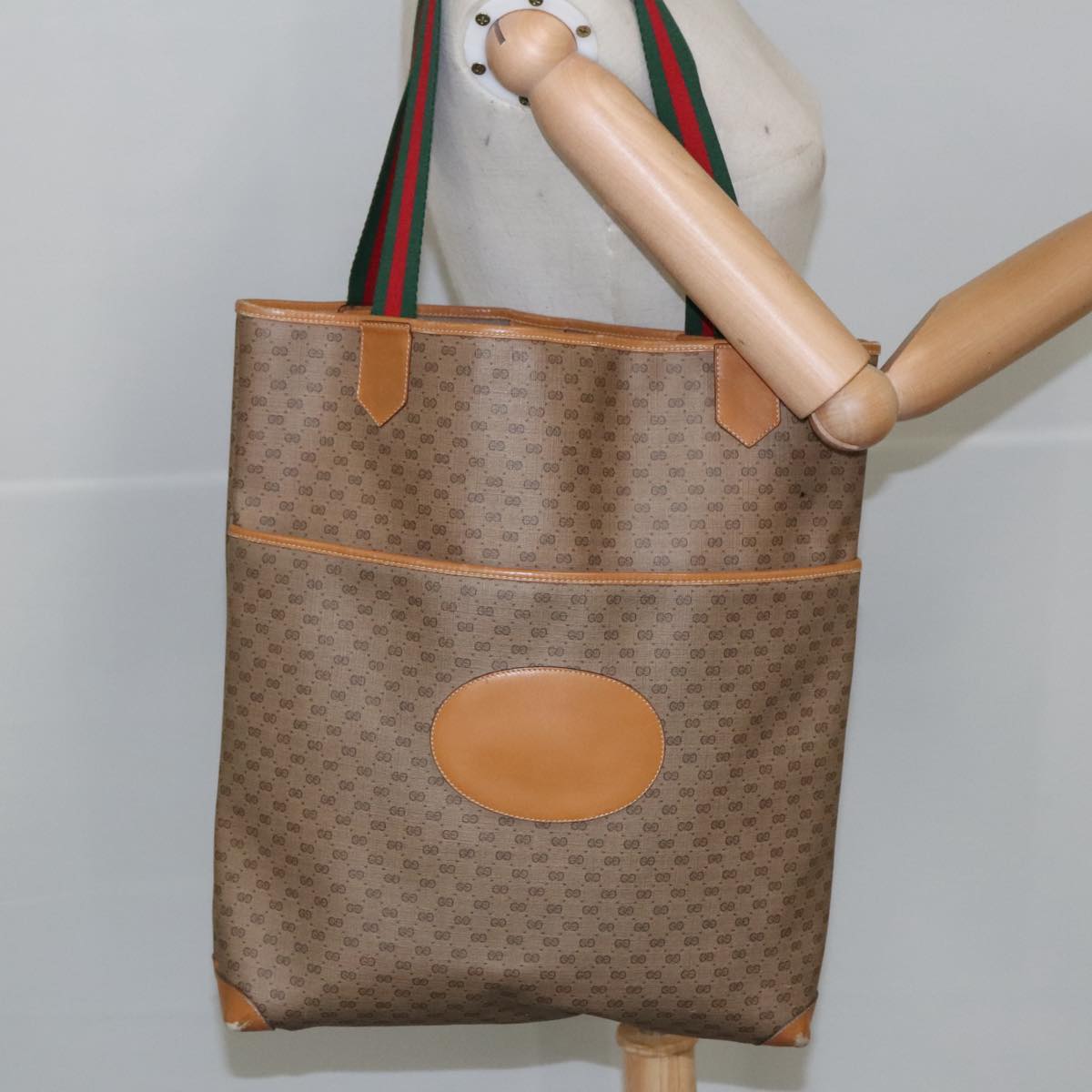 GUCCI Micro GG Supreme Web Sherry Line Tote Bag PVC Beige Red Green ar12946