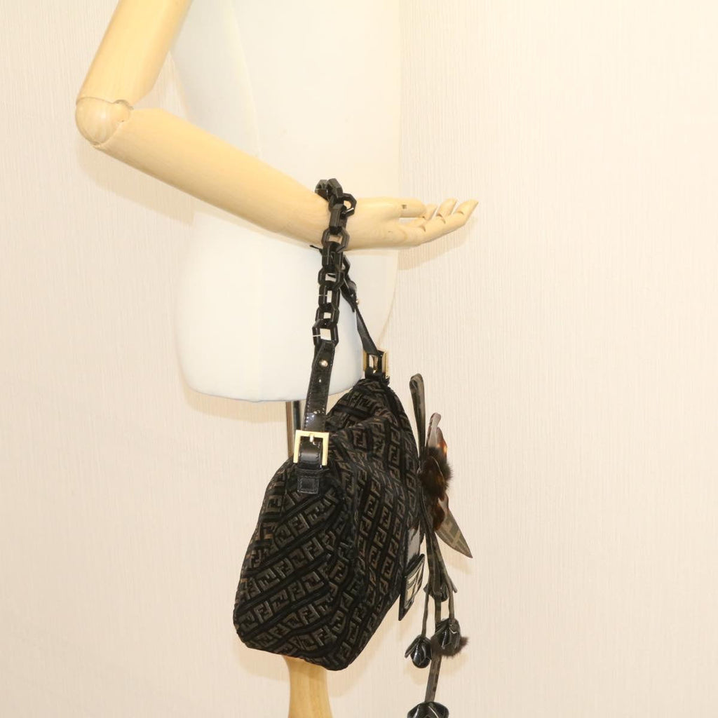 FENDI Zucca Flower Mamma Baguette Shoulder Bag Velor Brown Black ar4590