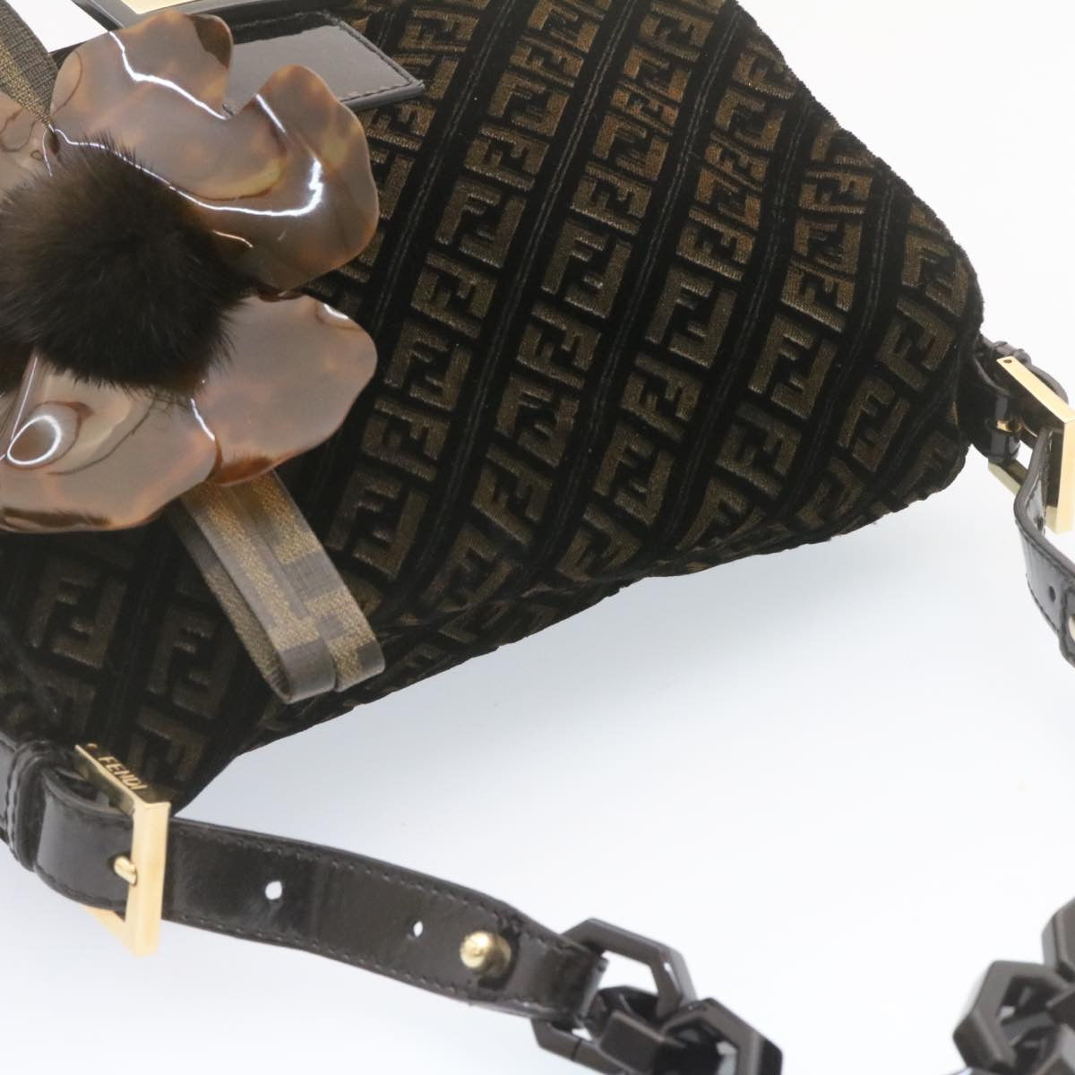 FENDI Zucca Flower Mamma Baguette Shoulder Bag Velor Brown Black ar4590