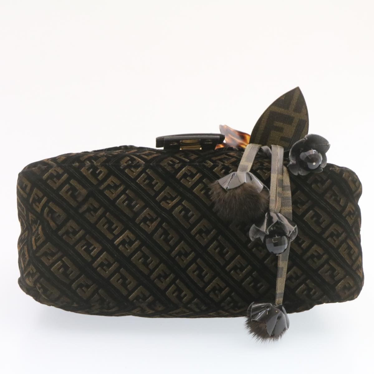 FENDI Zucca Flower Mamma Baguette Shoulder Bag Velor Brown Black ar4590