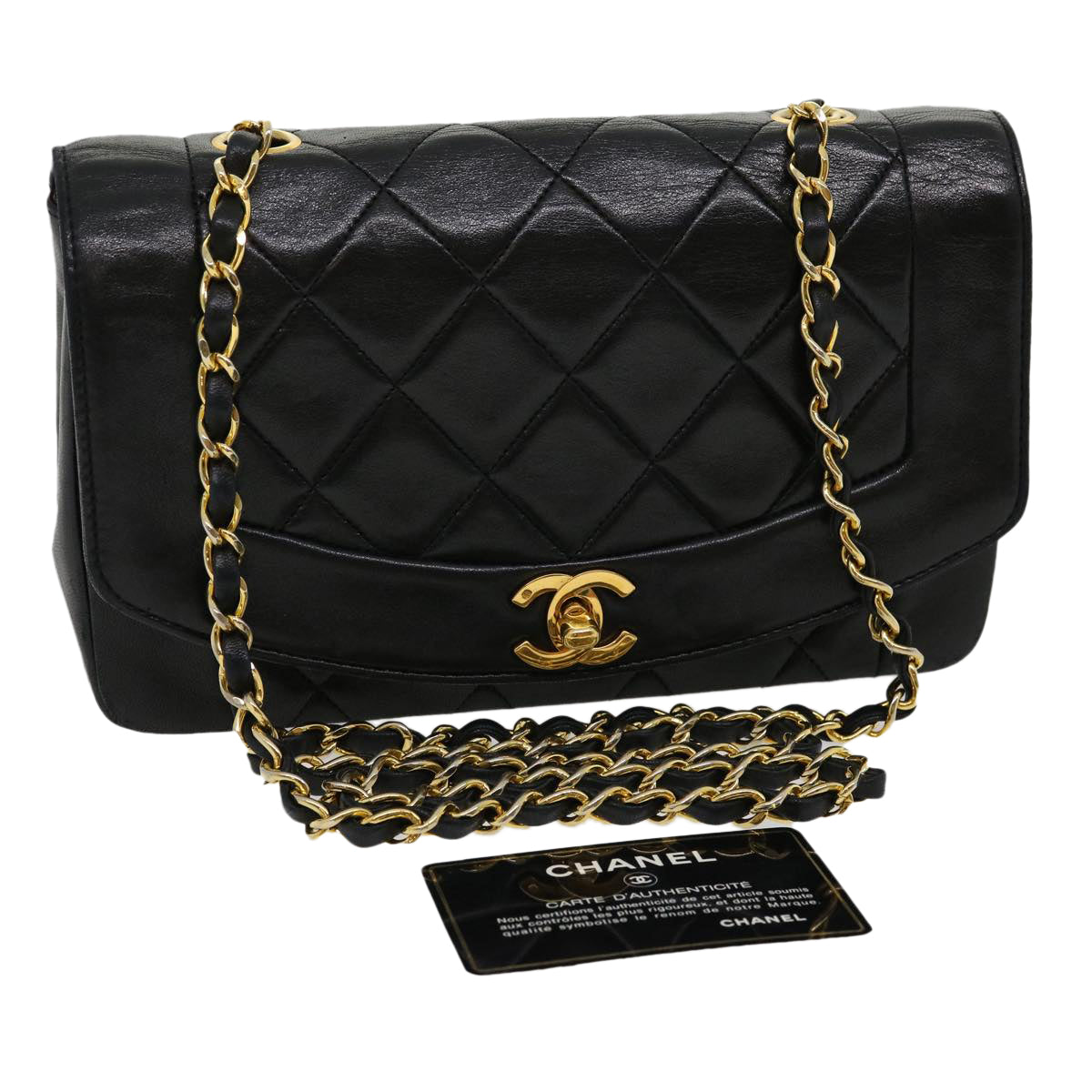 CHANEL Matelasse Diana Turn Lock Chain Shoulder Bag Lamb Skin Black ar7368A