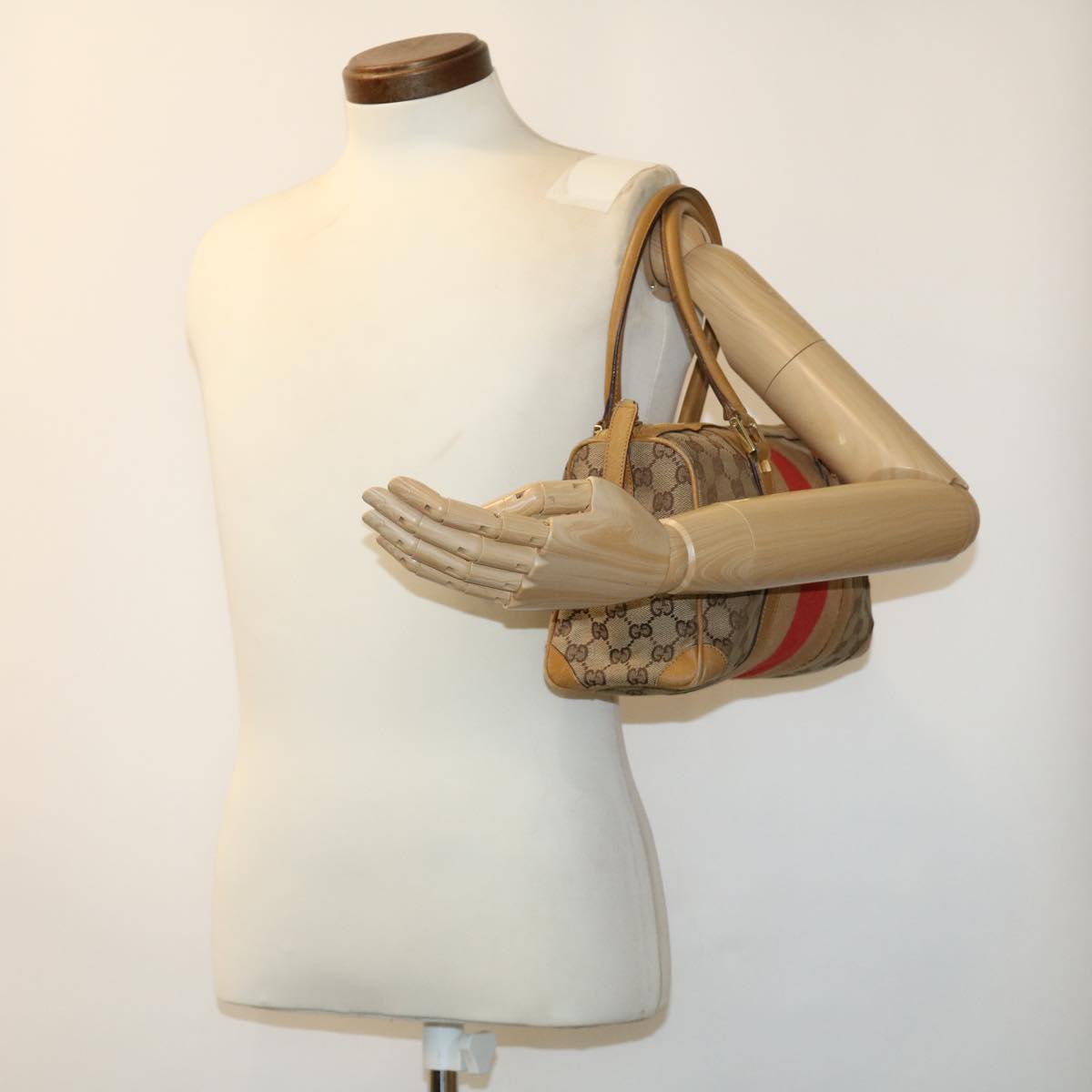 GUCCI GG Canvas Sherry Line Hand Bag Beige Brown Red 0000851001553 ar7441