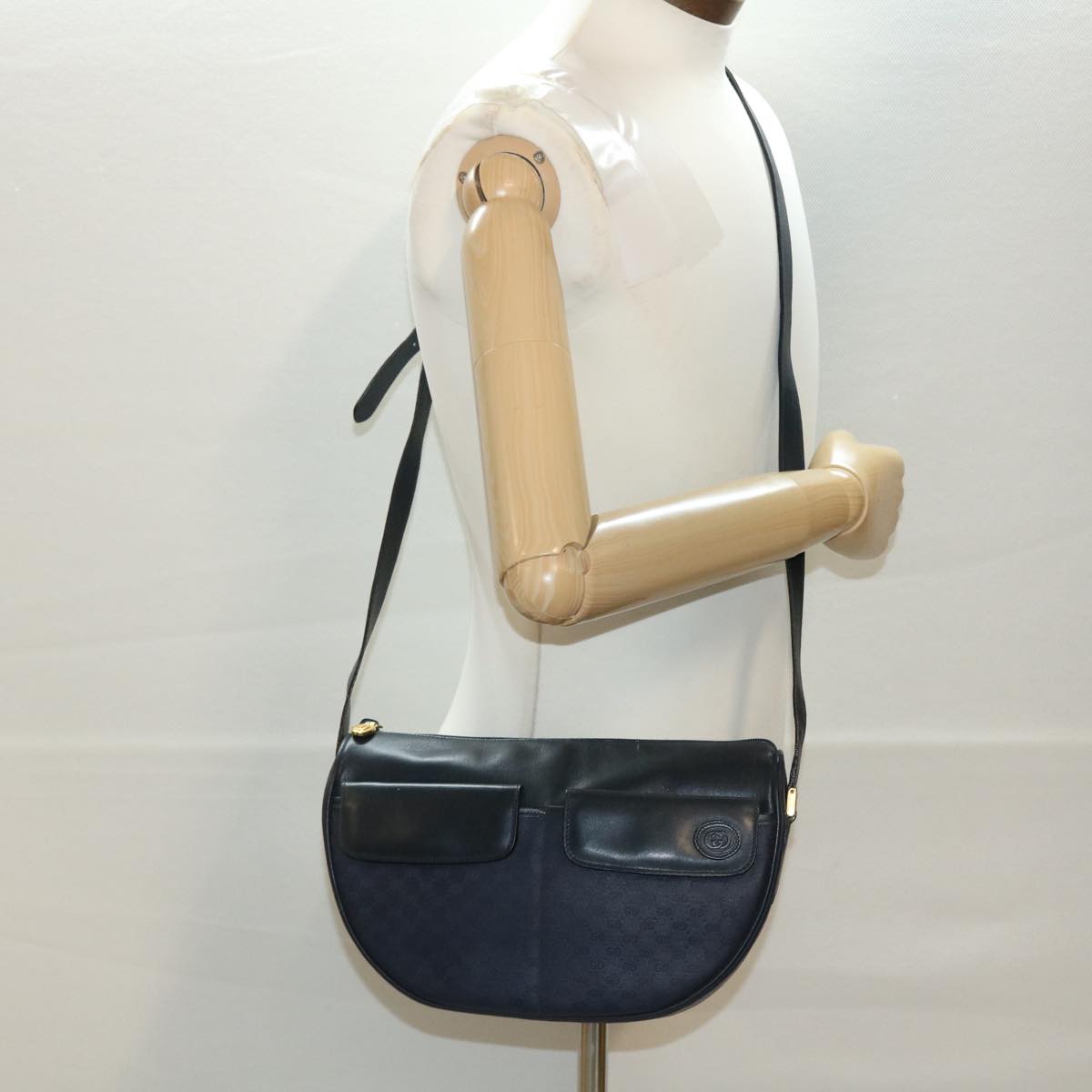 GUCCI Micro GG Canvas Shoulder Bag PVC Leather Navy ar9247