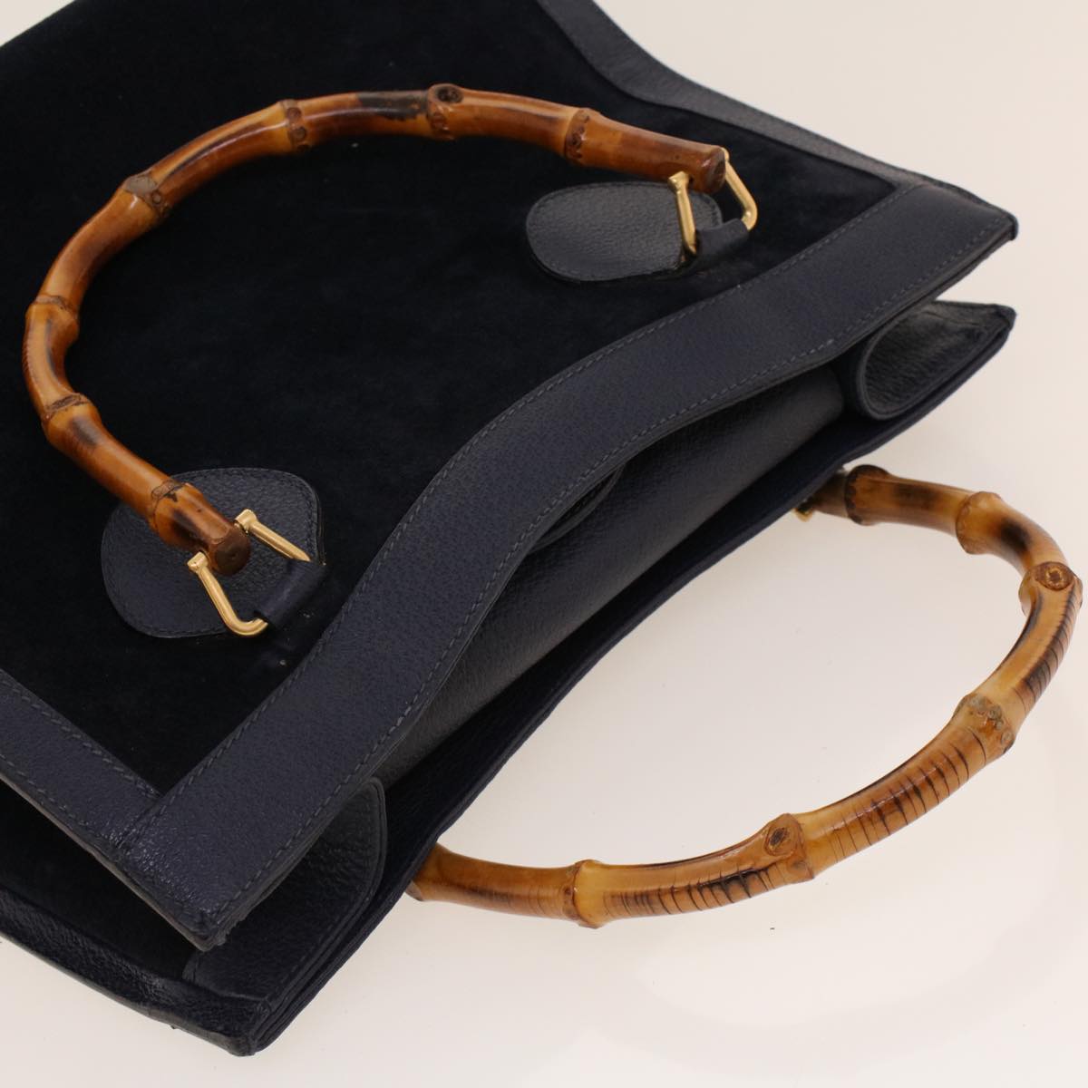 GUCCI Bamboo Hand Bag Suede Navy Brown ar9457