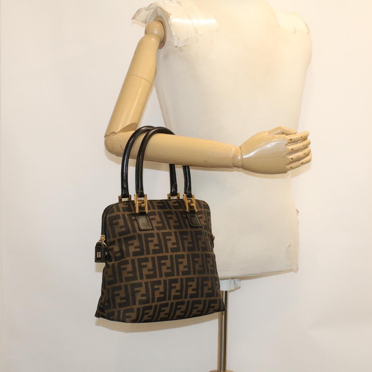 FENDI Zucca Canvas Hand Bag Nylon Brown Black ar9472