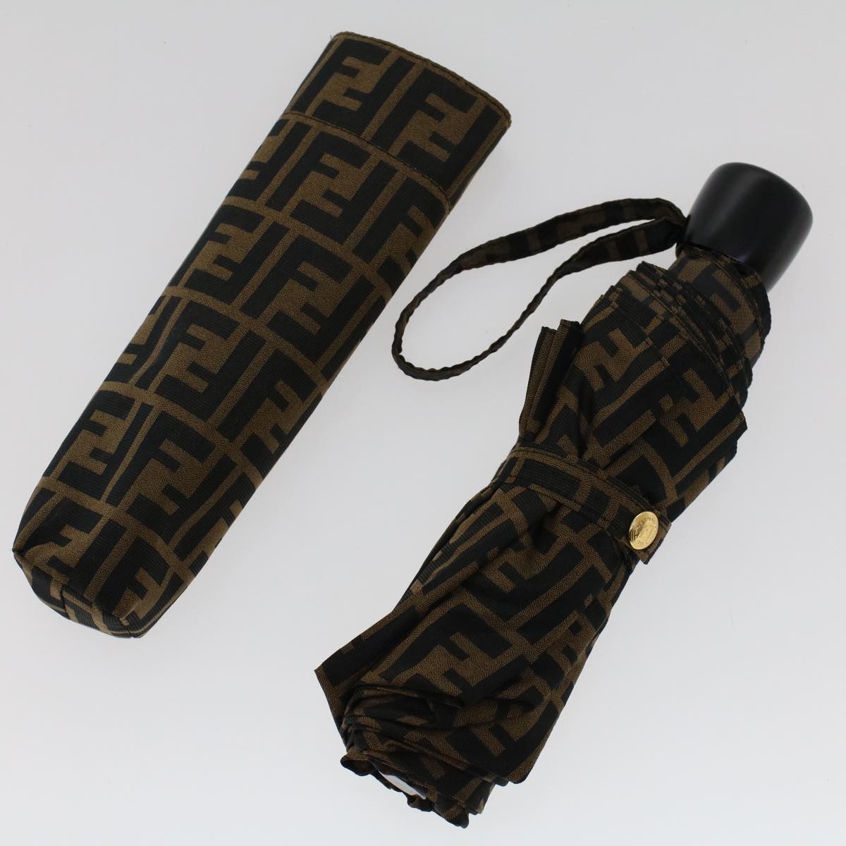FENDI Zucca Canvas Folding Umbrella Nylon Brown Black ar9758
