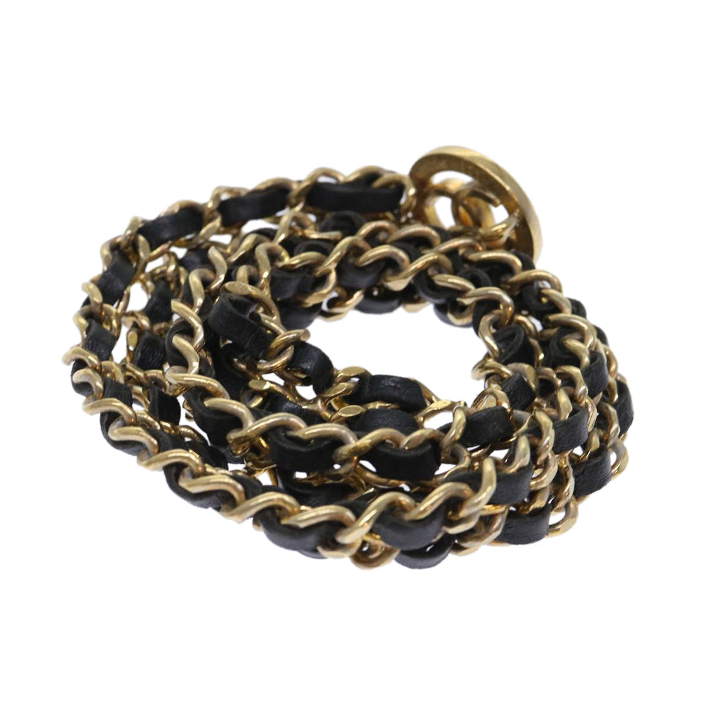 CHANEL Chain Belt Metal Leather Gold Tone Black CC ar9801B
