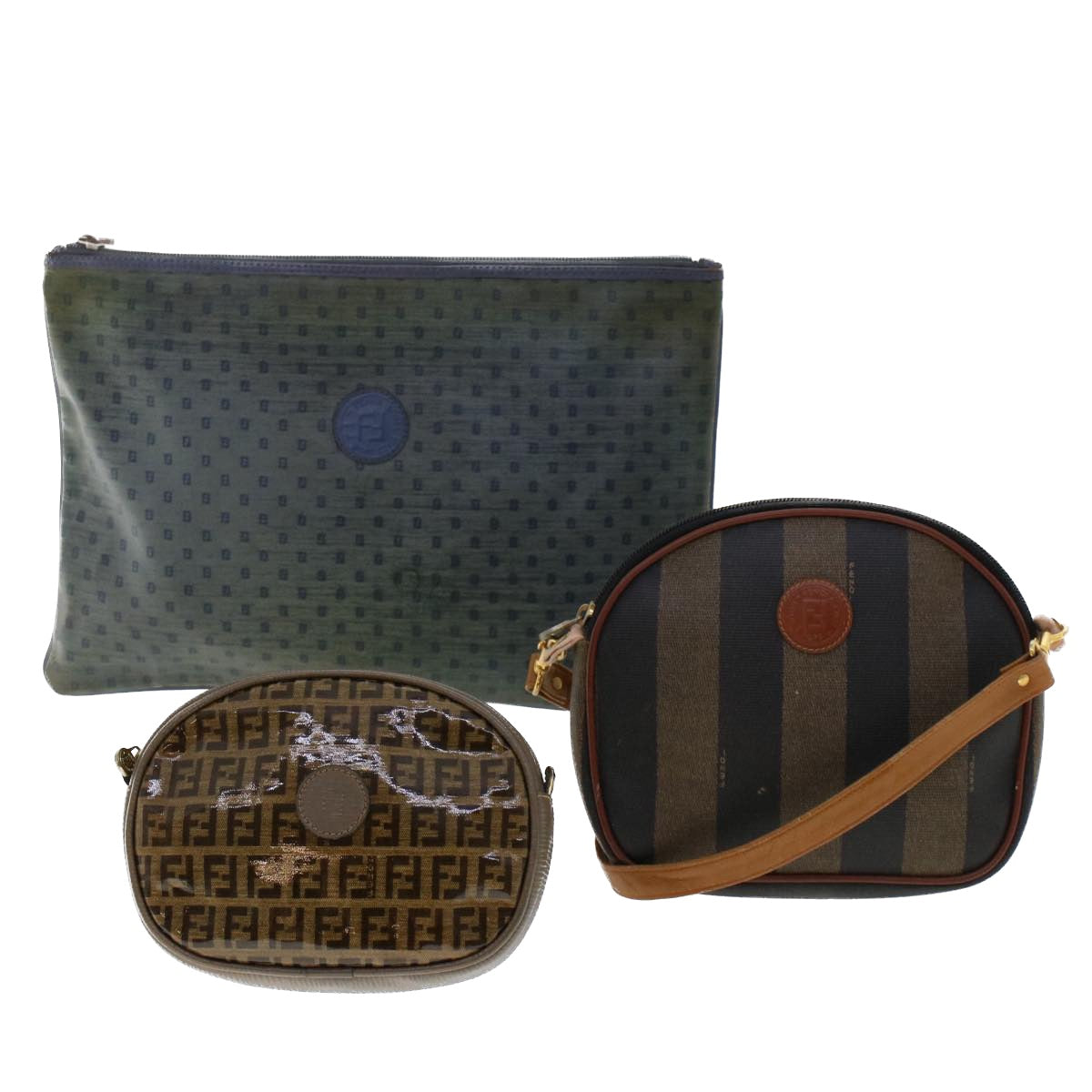 FENDI Zucchino Pequin Canvas Clutch Bag PVC Leather 3Set Blue Brown ar9837