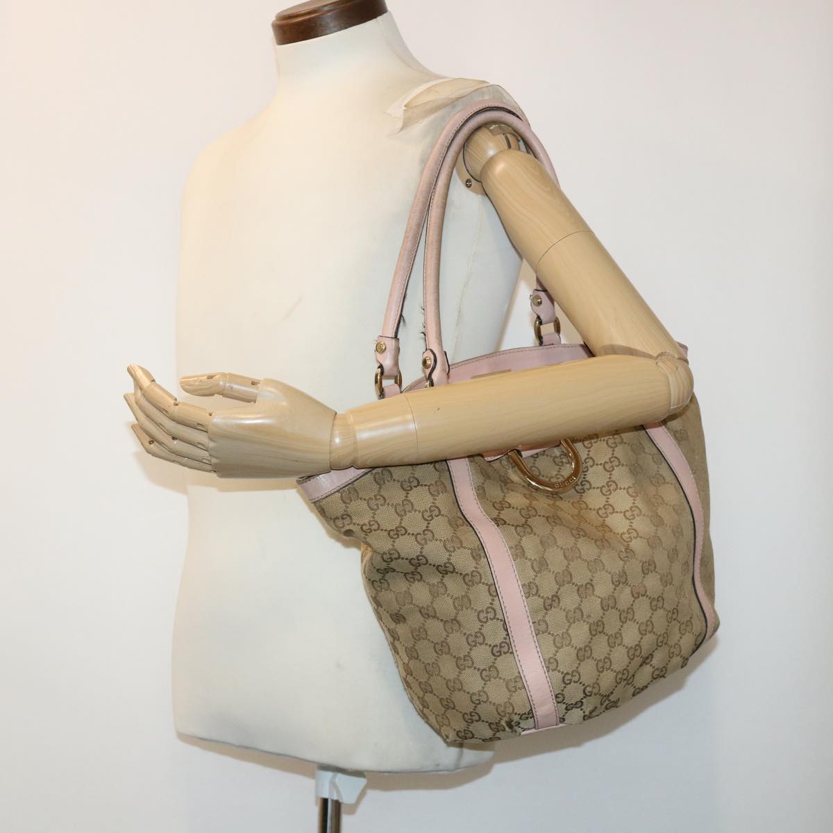 GUCCI GG Canvas Tote Bag Leather Beige 211982 ar9875B