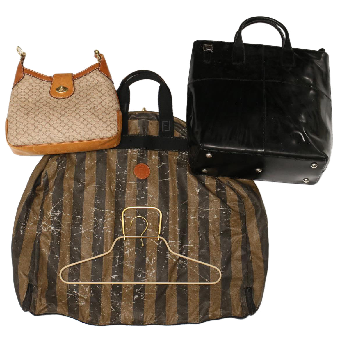 FENDI Pecan Macadam Canvas Hand Bag Garment Cover 3Set Brown Black ar9900B