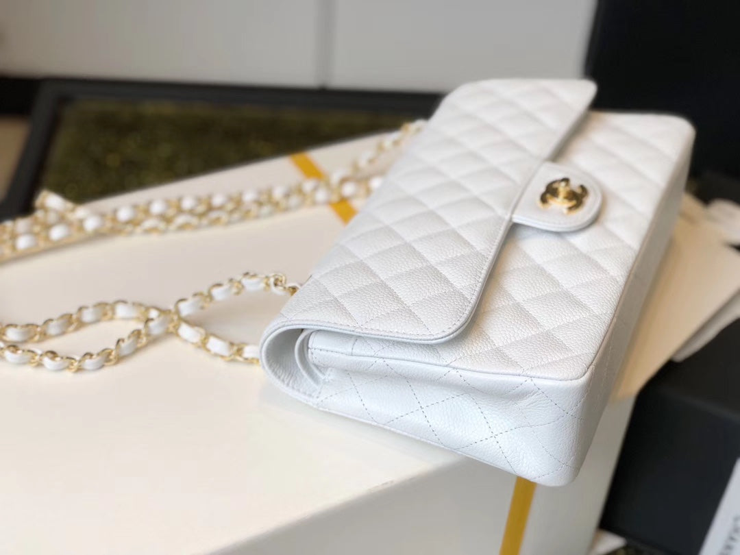 CHL Classic Medium Flapbag Golden Hardware White 10in/25.5cm