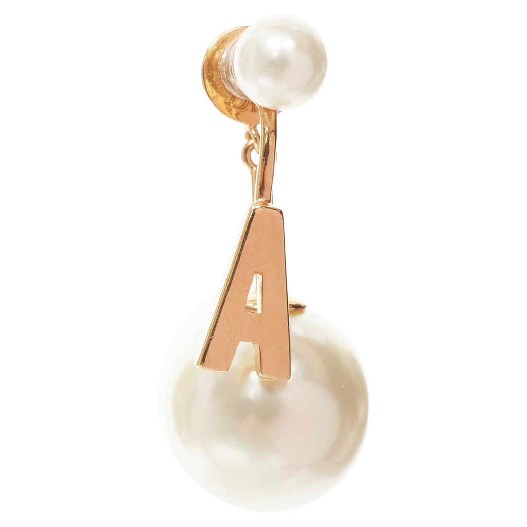 Dior Tribales Gold Metal Letter A Faux Pearl Dangling Pin Earring